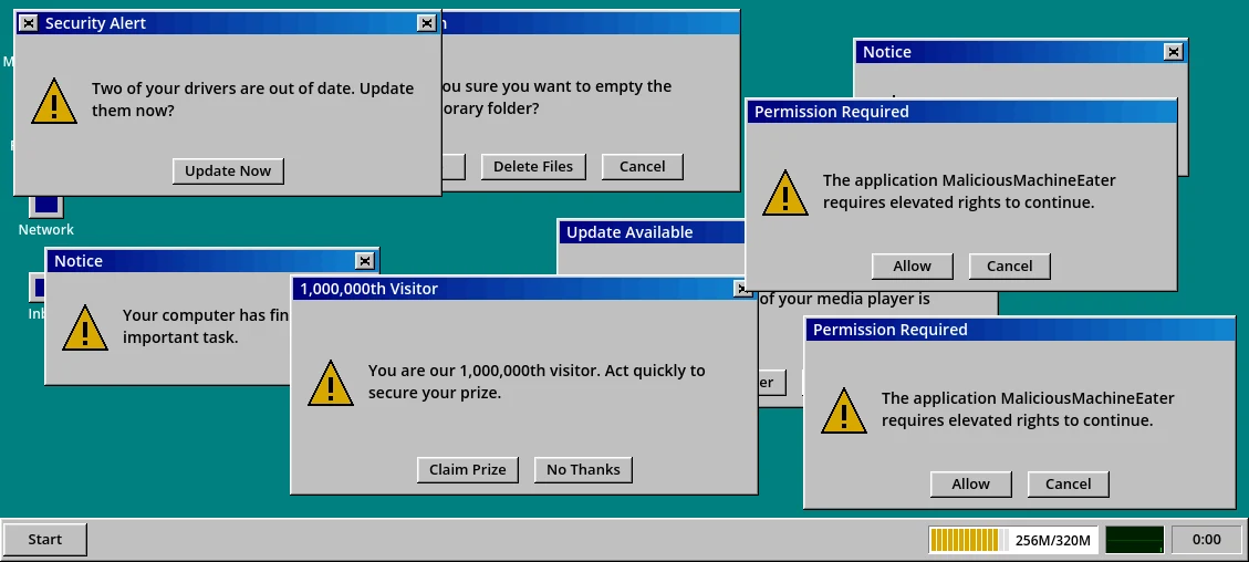 A crowded teal desktop with overlapping offer windows and a RAM meter in the taskbar